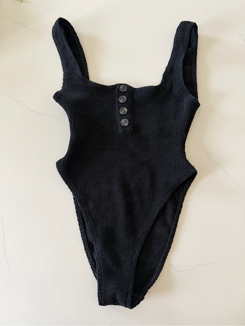 PrettyLittleThing Black Textured One-Piece Swimsuit with Button Front